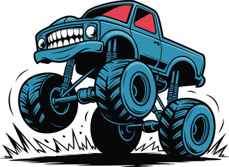 Cartoon Blue Monster Truck with Big Tires and Teeth © Kamrun