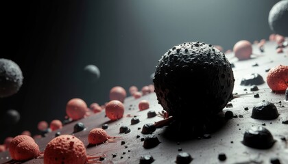 Tumor cells microscopy concept. Abstract close-up of textured spheres and particles in a dark environment.