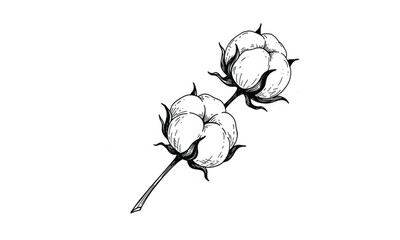 Hand Drawn Black and White Cotton Bolls on Stems plant fiber