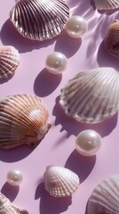  glossy reflective seashells with strong iridescence, shiny pearl beads against light purple background