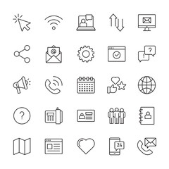 Contact us icons. Thin lines icons set for user interfaces. Collection of hand drawn outline icons representing contact information and communication methods. Collection communication and contact icon