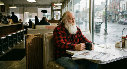 Solitary contemplation in diner: An elderly man with a long beard sits alone at a diner table, engrossed in a cup of coffee and his thoughts.
