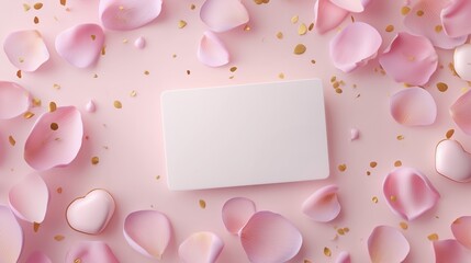 photorealistic Valentines flat-lay  of rose petals of pink colour and white blank card in the middle