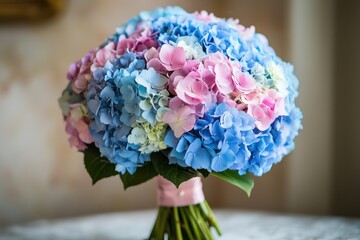 A bouquet of white and blue hydrangeas with a pink ribbon. Festive floristry. On a light background.