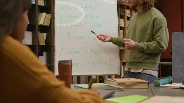 Cropped shot of young male teacher pointing at erase board with marker introducing special question words in Spanish to group of adult students in language training course in library