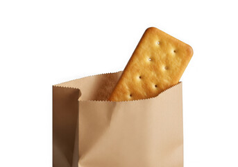 Rectangular cracker inside kraft paper bag isolated on transparent background
