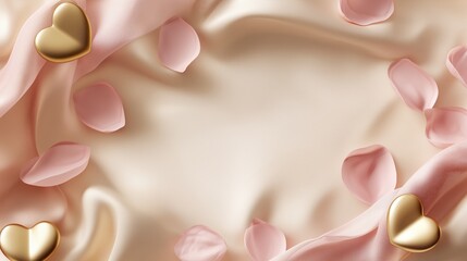  photorealistic flat-lay for Valentines Day of rose petals and golden hearts against silky fabric