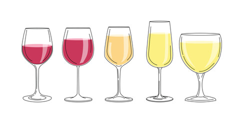 Wine glasses with white and red wine. Set of utensil in flat modern simple minimalistic style. Vector illustrations isolated on white background.