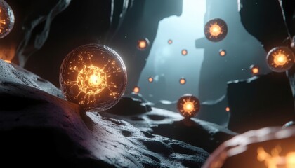 Tumor cells microscopy concept. Abstract glowing orbs in a dark cave-like environment.