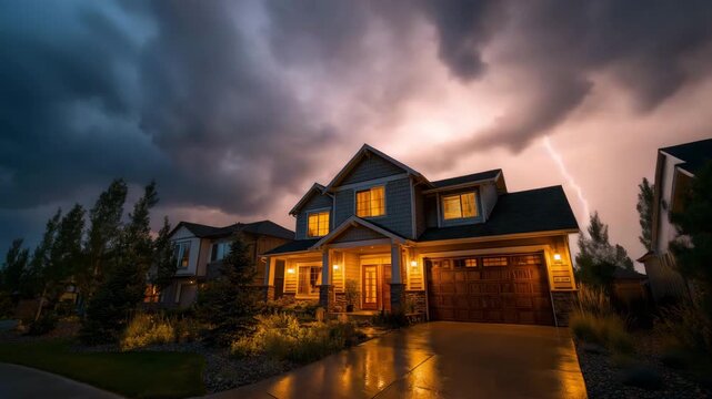A suburban home during a storm with lightning bolts in the sky