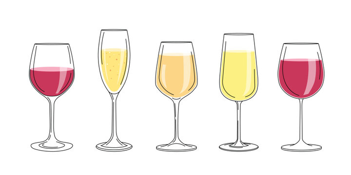 Wine glasses with white and red wine. Set of utensil in flat modern simple minimalistic style. Vector illustrations isolated on white background.