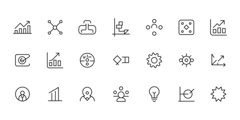 Minimalist Business and Technology Icon Set. Clean line icons set, minimal vector illustration, isolated on white background. A grid of multimedia icons representing various aspects of digital content