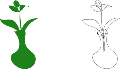 Green plant in a vase, line art and silhouette, white
