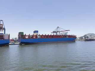Fototapeta premium cranes lift and move containers for loading and unloading. Modern logistics, container transport, maritime shipping, global trade and freight handling. container transport, maritime shipping, global