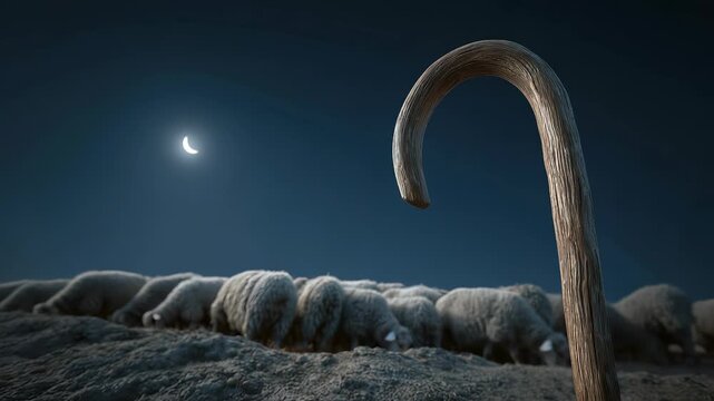 A staff of shepherd leans against a rock while a flock of sheep grazes quietly under the moonlight. The night sky enhances the calmness of the moment