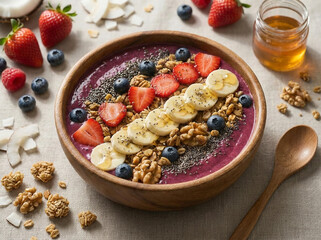 Healthy smoothie bowl topped with fresh strawberries, blueberries, banana slices, nuts and granola	