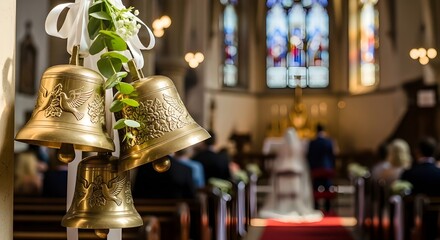 Ornate golden bells with white ribbons frame a solemn church wedding scene &mdash; the bride and groom stand at the altar, surrounded by stained glass, chandeliers, and seated guests. 