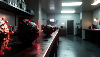 Tumor cells microscopy concept. Laboratory scene with virus models on a countertop.