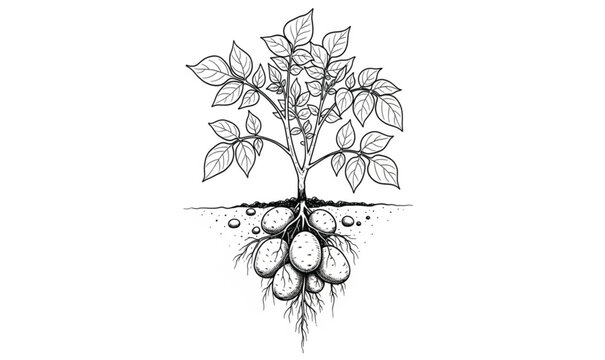 Hand- Drawn Illustration of a Potato Plant with Roots and Tubers vector