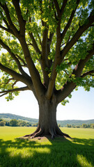 Obraz premium Majestic tree with lush green leaves, strong trunk, and expansive branches in sunny field. Nature beauty and tranquility are evident