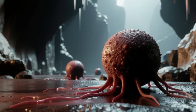 Tumor cells microscopy concept. Surreal scene with organic forms in a dark cave-like environment. - Powered by Adobe