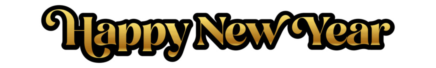 happy New year wide horizontal golden text sticker design isolated on white transparent background. Vintage golden New year day motto sticker, tag, retro label, banner, ribbon, label png with quote.