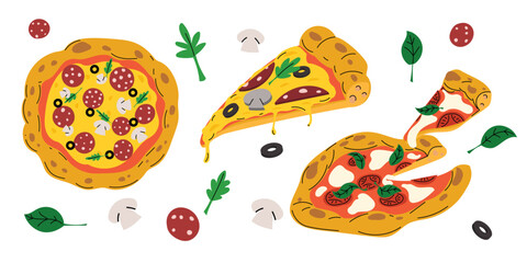 Italian fresh pizza set. Pepperoni and Margherita pizza whole and slice in simple flat hand drawn style. Restaurant and fast food delivery design template. Vector illustrations.