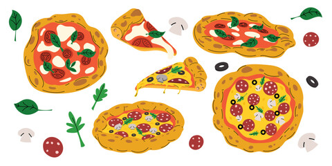 Italian fresh pizza set. Pepperoni and Margherita pizza whole and slice. Best for restaurant and fast food delivery designs. Vector illustrations.