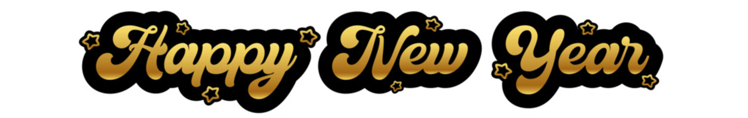 happy New year wide horizontal golden text sticker design isolated on white transparent background. Vintage golden New year day motto sticker, tag, retro label, banner, ribbon, label png with quote.