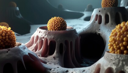 Tumor cells microscopy concept. Microscopic view of cellular structures with spherical formations.