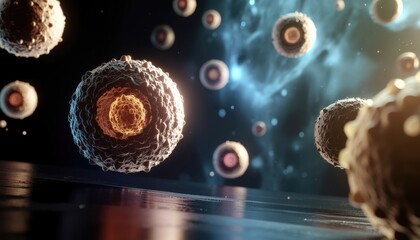 Tumor cells microscopy concept. Digital depiction of cells in a scientific environment.