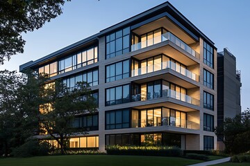 Obraz premium Multistory building with floor-to-ceiling windows, matte finish, and slim vertical metal supports 