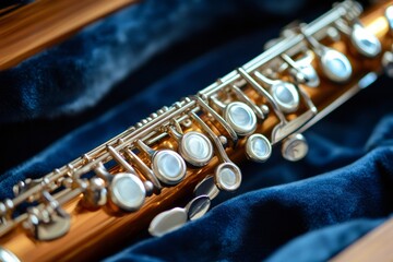 Naklejka premium Piccolo woodwind instrument resting in a velvet case