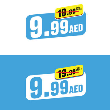 A modern blue sale tag vector featuring a clear discount drop from the original 19.00 AED to the new price of 9.99 AED, perfect for digital ads, store marketing, and website product listings.