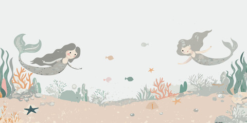 Two whimsical mermaids swim playfully amongst coral and marine life