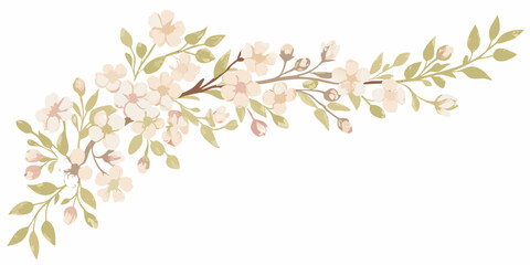 Delicate watercolor illustration of a blooming cherry blossom branch with soft petals