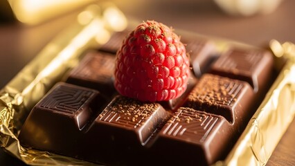 Delicious dark chocolate bar topped with a fresh raspberry, a sweet indulgence for any occasion