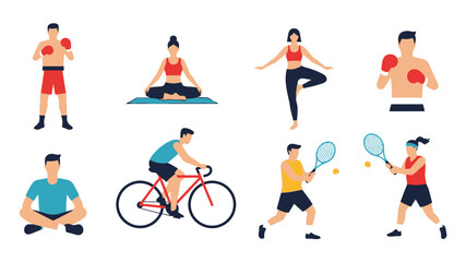 Diverse athletic figures engaging in various fitness activities and sports