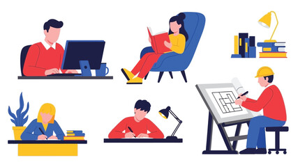 Diverse people engaged in different work and study activities indoors