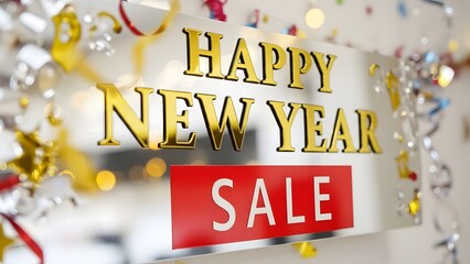 A festive golden display announces a special new year shopping event, adorned with shimmering streamers and bokeh lights, symbolizing celebration and attractive discounts to welcome the coming year