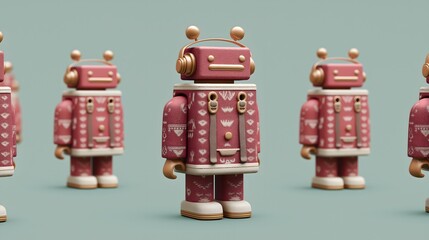 Robot Assemblage: A collection of charming robots, each with a unique design and a touch of vintage aesthetics, stand in neat formation. Displaying a sense of creativity and technological marvel.