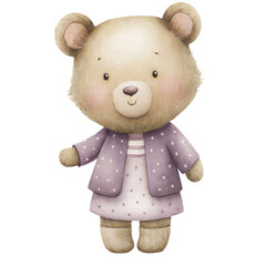 Dreamy Bear illustration in soft lavender dress and polka dot jacket for whimsical nursery and kids decor themes