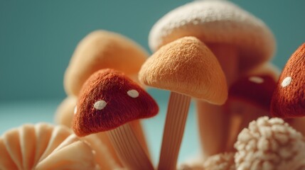 Fantasy Mushroom Assemblage: A whimsical close-up view of a diverse gathering of mushrooms, each with its own unique texture and coloration, poised against a soft background.