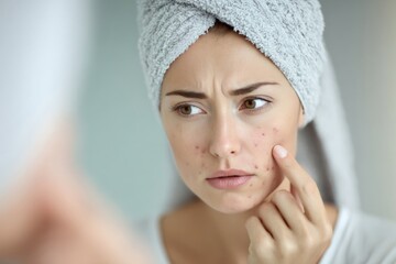 young woman examines her face with a mirror, noticing redness and acne, Skincare