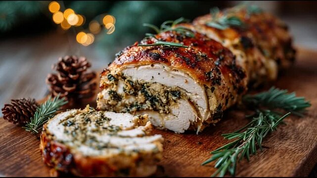 Garlic Herb Chicken Roll With Winter Decor