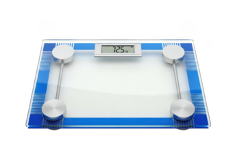 Modern digital bathroom scale with blue and white design isolated on transparent background