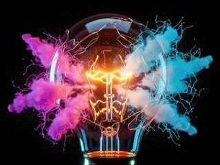 Glowing incandescent light bulb exploding with vibrant pink and blue smoke and electrical energy discharge against a dark background