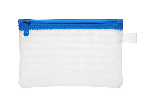 White mesh zipper pouch with blue zipper isolated on transparent background
