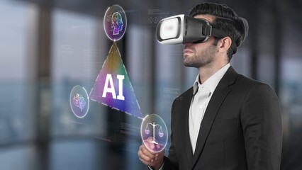 A business professional uses virtual reality to engage with elements of artificial intelligence and data visualization, showcasing modern technology in a futuristic office setting. Raster