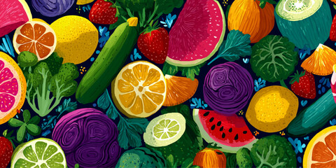 Vibrant assortment of freshly sliced fruits and vegetables in a colorful abstract pattern